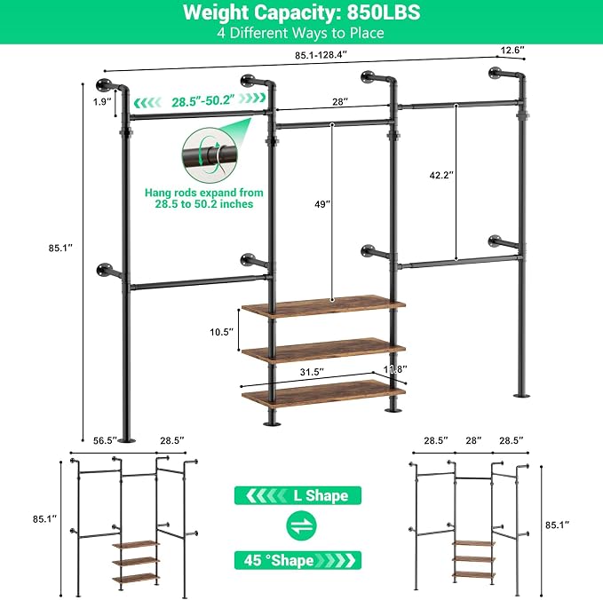 Aheaplus Expandable Industrial Pipe Clothing Rack, 7.3-10.9Ft Wall Mounted Closet System, Reversible L Shaped Clothes Rack for Hanging Clothes, Heavy Duty Walk-in Corner Wardrobe Closet, Rustic Brown