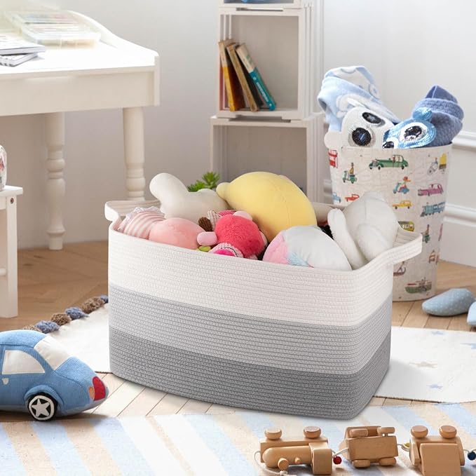 OIAHOMY Large Blanket Basket, 65L Cotton Rope Woven Laundry Basket, Toy Bin for Baby Room, Container for Blanket Storage in Living Room, 20''×16''×12'', Gradient Grey