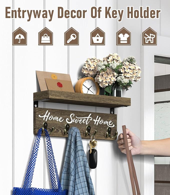 buways Key Holder Wall Mount with 8 Rustic Hooks and Cozy Home Sign（Brown） | Solid Wood,lots of colors, Floating Shelf for Keys, Mail, and Daily Essentials in Entryways, Hallways or Home Decor