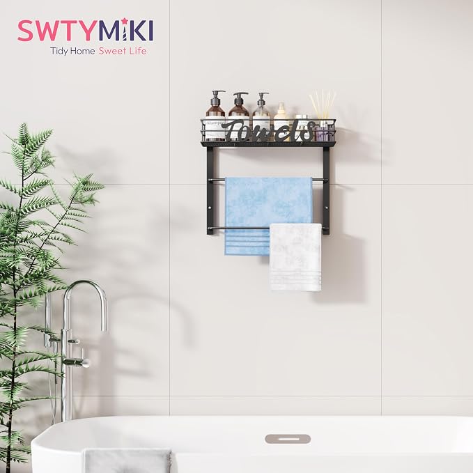 SWTYMIKI Over the Door Towel Racks for Bathroom - 3-Tier Wall Mounted Bathroom Towel Storage Organizer Holder with Metal Shelf, Black