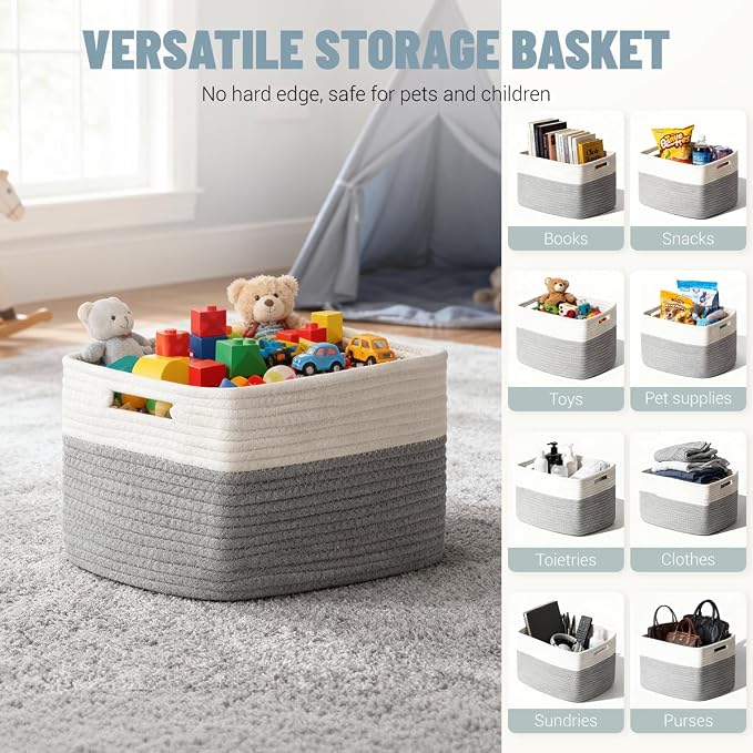 5 Pack Woven Storage Baskets for Shelves, Decorative Basket Closet Organizer Storage Bins for Clothes, Books, Pantry, Bathroom – Cotton Rope Shelf Baskets for Organizing and Decor, Gray & White