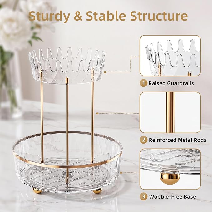 2 Tier Rotating Makeup Organizer for Vanity, Clear Bathroom Counter Organizer, Skincare Organizer and Perfume Organizer, Countertop Cosmetic Storage for Cabinet, Pantry and Kitchen (Clear)