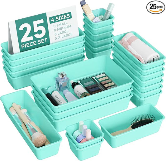 BiuLeon 25 PCS Plastic Drawer Organizers Set, 4-Sizes Vanity and Makeup Organizer, Desk and bathroom Drawer Organizer Trays, Organizers and Storage for Makeup, Jewelry, Gadgets, Utensils (Blue)