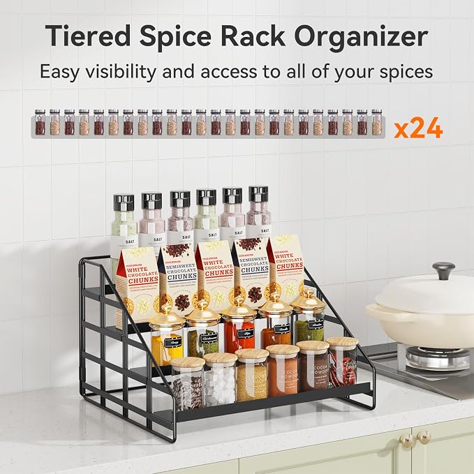 Bunoxea 4 Tier Adjustable Spice Rack for Cabinet & Countertop, Black | Depth Adjustable,Anti-drop Guard Rail,Tiered Cabinet Organizer,Holds 24+ Jars,for Cabinet, Pantry & Kitchen Countertop