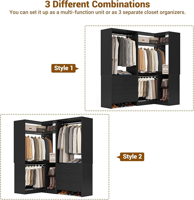 Aheaplus Closet System with 3 Drawers, 2 Hanging Rods & Corner Tower, Corner Closet System with Hanging, L-Shaped Walk-In Wardrobe Organizer, 1300+ lbs Capacity, Set of 2, Black