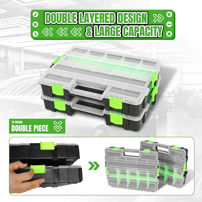Jack Boss Tool Box with Transparent Lid, Single Side 17-Compartments Organizer Box with Removable Dividers for Hardware, Screws, Bolts, Nails, Beads, Jewelry and Fishing Accessories, Green, 2 Pack