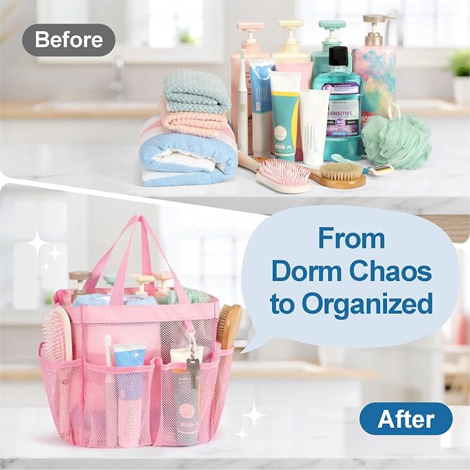 Mesh Shower Caddy Portable - 8 Pockets, S-Hook, Shower Bag for Dorm Camping | 2-Handle, Quick-Dry, Hanging Toiletry Organizer, College Dorm Room Essentials for Girls, Gym, Travel & Bathroom, Pink