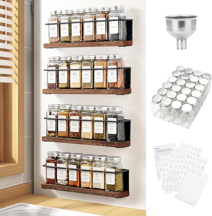 Magnetic Spice Rack with 24 Jars, 216 Labels, 1 Steel Funnel for Refrigerator，Microwave Oven - Full Set of Spice Organizer