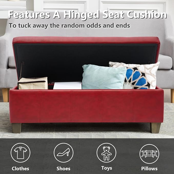 41" Storage Ottoman, Storage Bench with Safety Hinge, Upholstered Synthetic Leather Ottoman Bench for Bedroom, Living Room, Entryway, Hallway, Foot Rest, Support 500lbs