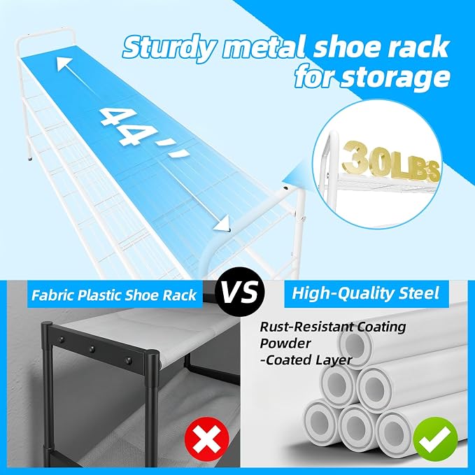 3 Tier Shoe Rack for Closet, 44 Inch Extra Long Shoe Storage Organizer for Shelves, Heavy Duty Metal, Easy Assembly, White