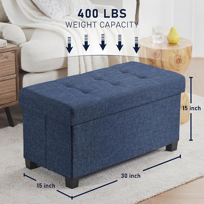 Ornavo Home 30" Large Storage Ottoman Bench with Legs, Navy Blue | Foot Rest Stool; Ottoman with Hidden Storage; Ideal for Bedroom, Living Room, Entryway or Home Office