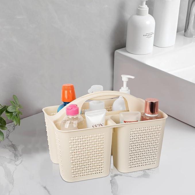 Plastic Portable Shower Caddy Basket with Handle, 3 Compartments, Beige | Storage Organizer with Drain Holes, Sturdy and Durable For Bathroom, Kitchen, College Dorm, Sink, Camping