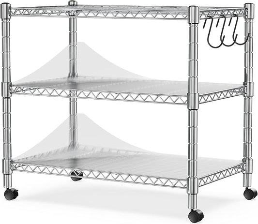 Heavy Duty 3-Shelf Shelving Unit, 24.02" W x 13.78" D x 21.97" H Chrome Steel Storage Rack with Wheels, 2 PP Shelf Liners and Hooks, Adjustable Under Desk Organizer for Kitchen, Office, Garage