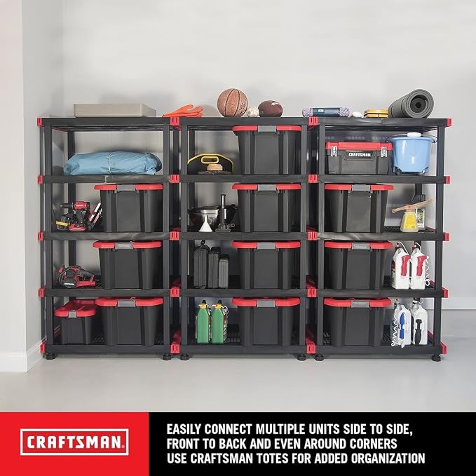CX Craftsman 5-Tier Heavy Duty Plastic Storage Shelves, Garage Organization | 5-tier storage rack organizes garages, workshops & basements, 200 lb/shelf, 72.3H x 40W x 24D, easy assembly, black/red