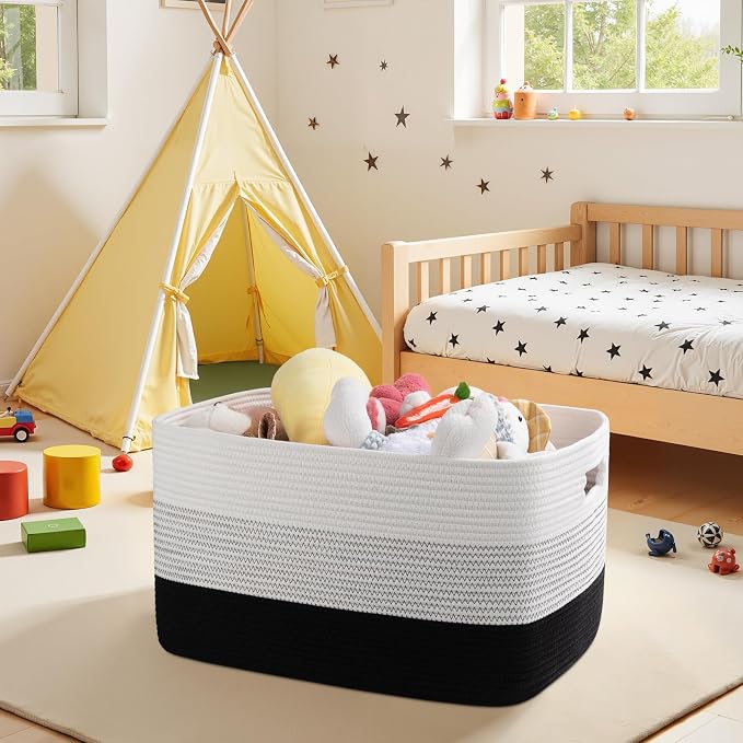 OIAHOMY Large Blanket Basket, 22”x17”x12” Rectangle Woven Baskets, Nursery Blanket Storage Living Room, Toy Storage With Handle, Large Baskets for Organizing-Gradient Black