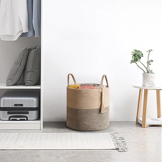 Mkono Woven Storage Basket Decorative Rope Basket Wooden Bead Decoration for Blankets,Toys,Clothes,Shoes,Plant Organizer Bin with Handles Living Room Home Decor, Yellow and Black, 16" W × 13.8" | Yellow and Black, Decorative Basket with Handle, Wood Be...