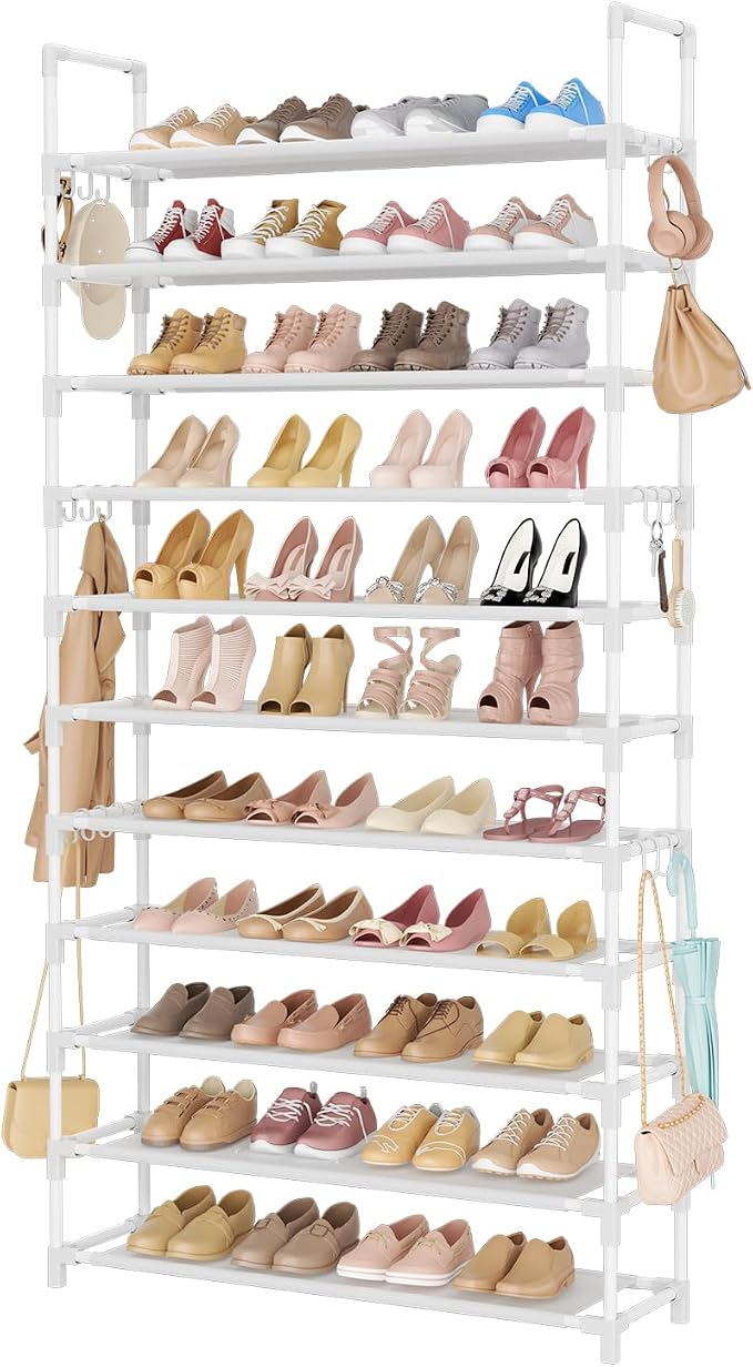 LANTEFUL 11 Tiers Tall Shoe Rack Holds 55 Pairs of Shoes with 18pcs Hooks Sturdy Wide Shoe Organizer Storage Free Standing Metal Shoe Shelf for Closet, Entryway White