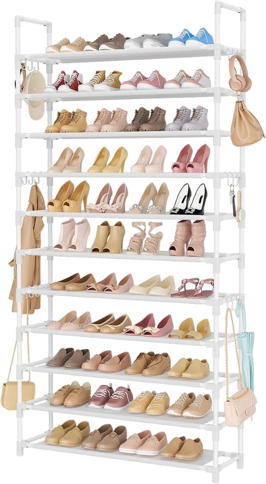 LANTEFUL 11 Tiers Tall Shoe Rack Holds 55 Pairs of Shoes with 18pcs Hooks Sturdy Wide Shoe Organizer Storage Free Standing Metal Shoe Shelf for Closet, Entryway White