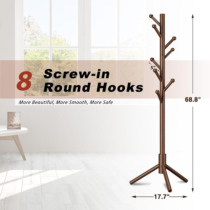 8-Hook Freestanding Coat Rack 3 Heights Safe Round Tips Brown | Smooth Round Tips Prevent Slipping,Tool-Free Assembly,Holds Clothes Hats Handbags,Ideal for Entryway Bedroom Hallway Office