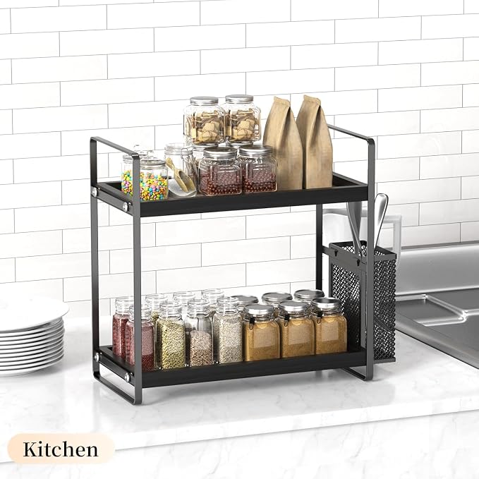 Bathroom Organizer Countertop, Counter Organizer for Bathroom Decor, Wooden Sink Shelf for Vanity Storage, Makeup Tray for Perfume Skincare Bedroom Kitchen Corner (Black)