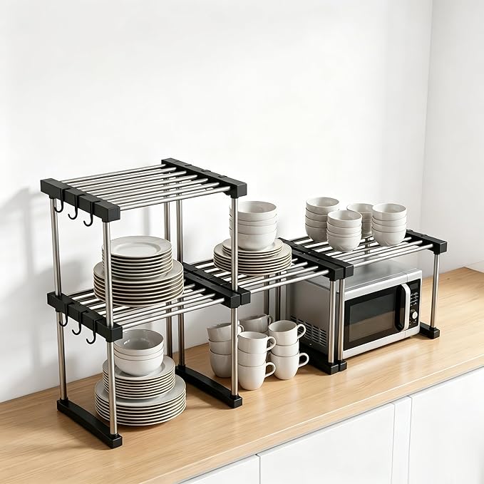 BLULEE Expandable Under Sink Organizer, No-Drill Adjustable Shelf | Custom fit around pipes cabinet rack for bathroom vanity and kitchen pantry, supporting heavy laundry supplies.
