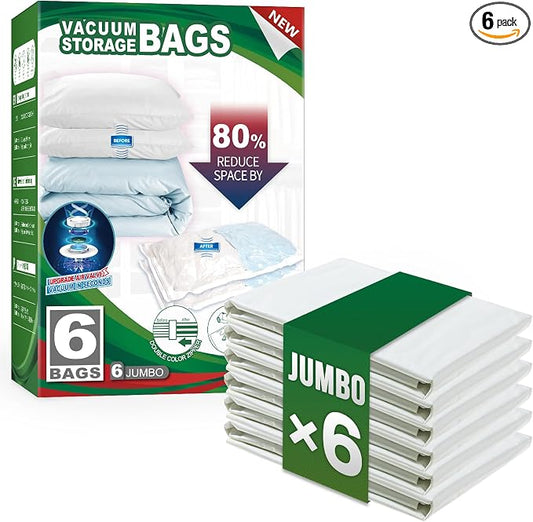 TAILI 6 Pack Vacuum Storage Bags, Jumbo Size (31×40 inch), Cream | Vacuum Seal Bags for Clothing, Extra Large Space Saver for Bulky Beddings, Comforters, Blankets, Pillows, Reusable