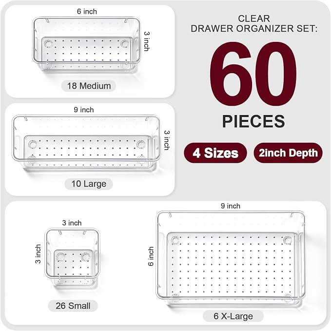 60 Pcs Makeup Drawer Organizer Set, 4 Sizes Versatile Bathroom and Vanity Drawer Organizer for Makeup, Non-Slip Desk Organizer Trays for Bedroom, Office, Fits Jewelry and Office Supplies