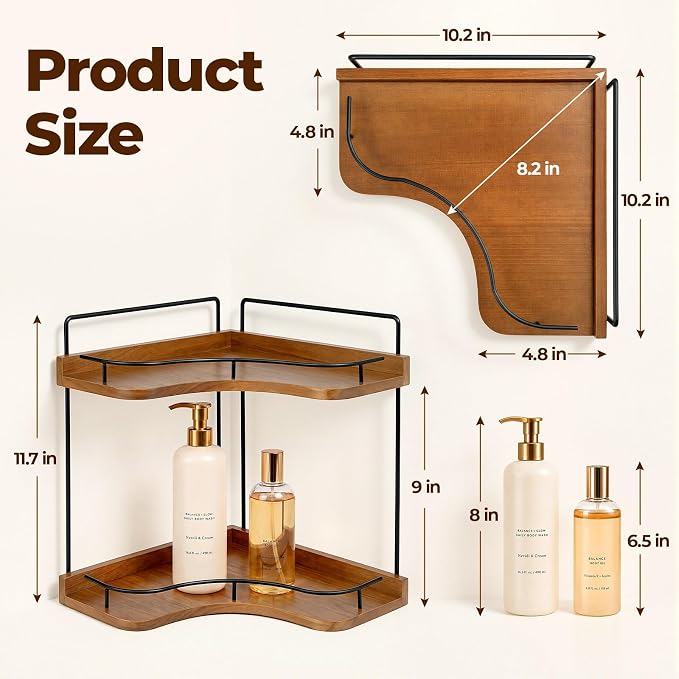 Rofio 2-Tier Corner Bathroom Counter Organizer with Solid Wood Shelf | Natural wood vanity storage rack for skincare & makeup. Fits bathroom, kitchen, bedroom & countertop corners.