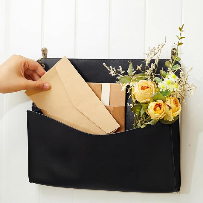 2 Set PU Leather Mail Holder Wall Mount 12.2x10.24 Inch Leather Letter Holder 2 Ring Binder Hanging Wall File Organizer Mail Sorter for Decor Storage Letter Postcard Flower Home Office(Black)