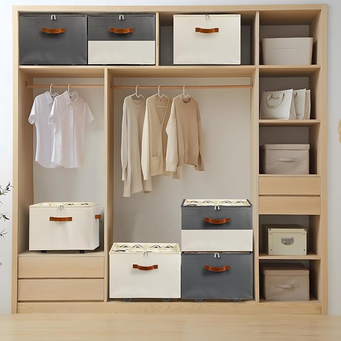Foyego Shoe Organizer for Closet, with Wheels, Beige and Grey | Fits 16 Pairs, with Adjustable Dividers and Clear Cover, Saving Space Foldable Fabric Closet Shoe Storage Organizer Box Bins
