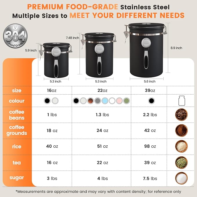 Veken Coffee Canister with Window, Airtight Stainless Steel Container, 22OZ | Kitchen Food Storage Organizers for Beans,Ground,Espresso,Rice,Tea,Sugar,Bar Accessories,Gifts,Jars, Scoop,Black