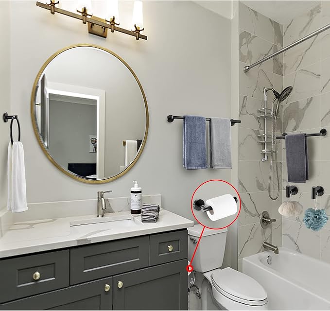 6 Pieces Matte Black Bathroom Hardware Accessories Set Hand Towel Ring 16&23.6 inch Round Towel Bar Silver Toilet Paper Holder Towel Hooks 2 Pieces SUS 304 Stainless Steel,Heavy Duty,Wall Mounted