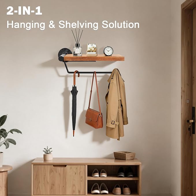 Hand Towel Holder/Towel Ring with Wooden Shelf, Hand Towel Rack, Hand Towel Hanger for Bathroom, Bath Accessories Wall Mounted, (Matte Black, 9.1"-Industrial Squ Shaped)