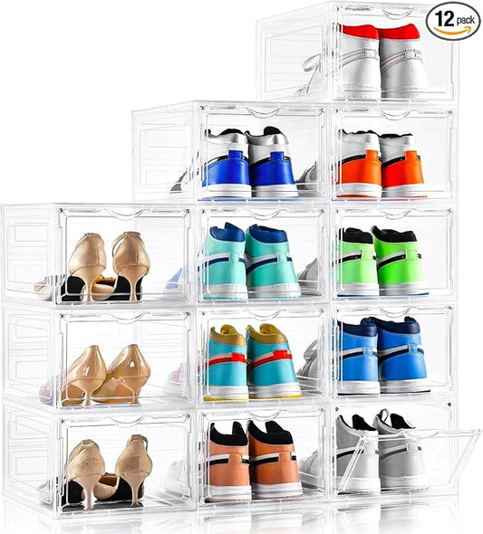 Clemate Upgraded X-Large Shoe Organizer,Shoe Storage Organizer,12 Pack,Shoe Box Clear Plastic Stackable,Drop Front Shoe Box with Clear Door, Shoe Containers For Sneaker Display,Fit up to US Size12