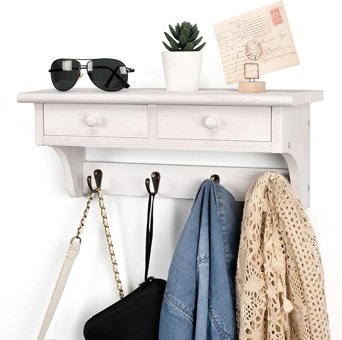 Emfogo Coat Hooks Wall Mounted, Rustic Wood Coat Rack Wall Mount Shelf with Hooks, Farmhouse Wall Coat Rack with Shelf & Coat Hook for Entryway, Mudroom, Bedroom, Kitchen, Bathroom (White)