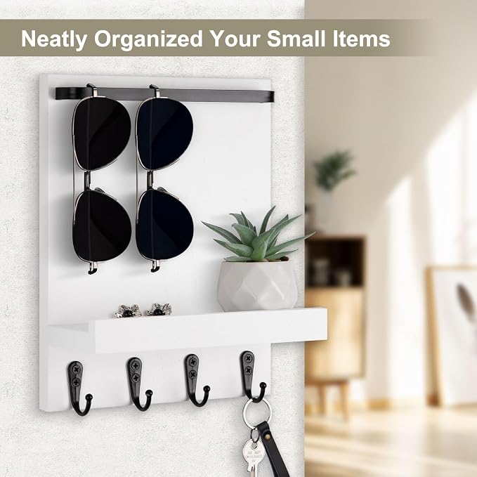 Key Holder Wall Mount, Key Holder for Wall with 4 Hooks, Farmhouse Key Hanger Holds Dog Leash, Sunglasses – Decorative Mail Organizer Home Decor (White)