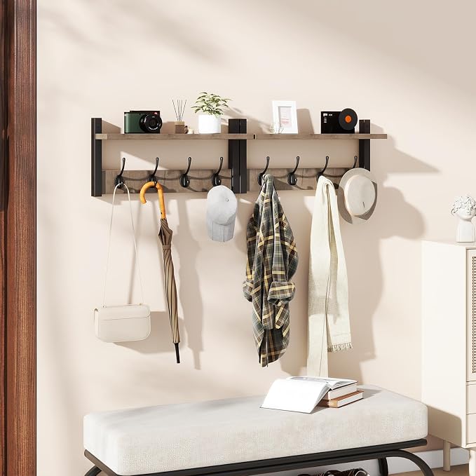 YMYNY Coat Rack Wall Mount with Shelf and Hooks, Silver Gray UHWS001Y-2 | 2 Pack Wooden Wall Mounted Coat Hanger with Shelf and 8 Double Hooks, Wall Coat Rack for Entryway Hallway Bedroom Bathroom