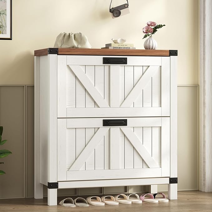Fluted Shoe Cabinet Storage with 2 Flip Drawers for Entryway, Hallway | Narrow Shoe Rack Freestanding Shoe Organizer with Legs for Entryway，Hallway, Brown & White