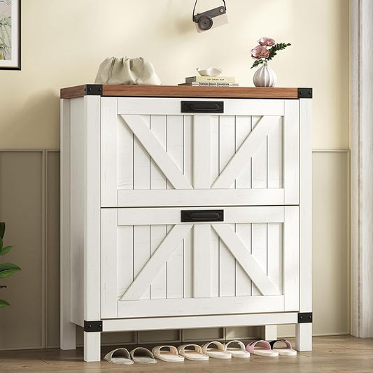 Fluted Shoe Cabinet Storage with 2 Flip Drawers for Entryway, Hallway | Narrow Shoe Rack Freestanding Shoe Organizer with Legs for Entryway，Hallway, Brown & White