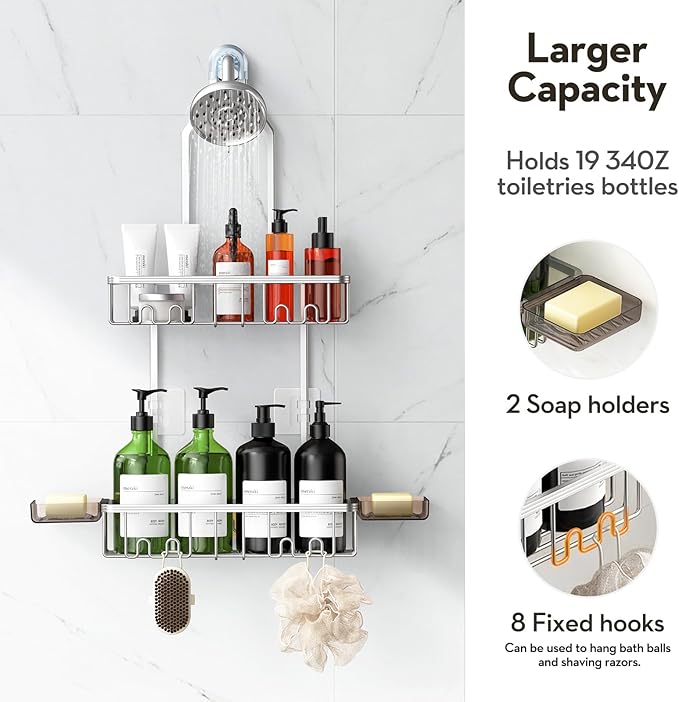 Shower Caddy Hanging, Never Rust Shower Organizer Hanging, Aluminum Shower Racks for Inside Shower with Hooks for Razor, Bathroom Organizers and Storage with Soap Holder, Bright Silver