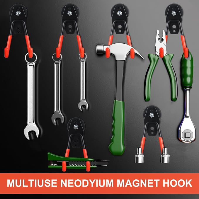 Landhoow 6 Pcs Large Magnetic Hooks Heavy Duty Garage Magnet Hooks Strong Storage Utility Magnetic Hangers with Anti Slip Rubber Coating for Indoor and Outdoor Hanging (Orange)