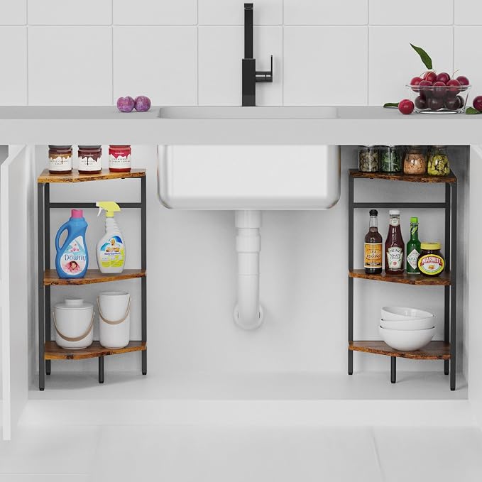 CADUKE Pedestal Sink Storage, 2 Pack Under Sink Organizer Shelf Bathroom Under Vanity Storage Shelf for Small Space, Bathroom Organizers Rack Stand 3 Tier Wooden Corner Shelves, Rustic Brown