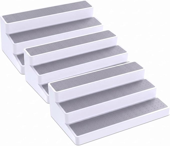 YAN & HIN 3 Tier Spice Rack Organizer for Cabinet, 3 Pack Non-Slip Spice Rack Shelf Organizer, Holds 24+ Jars, Plastic Spice Organizer for Cabinet, Pantry & Kitchen Countertop, White