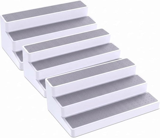 YAN & HIN 3 Tier Spice Rack Organizer for Cabinet, 3 Pack Non-Slip Spice Rack Shelf Organizer, Holds 24+ Jars, Plastic Spice Organizer for Cabinet, Pantry & Kitchen Countertop, White
