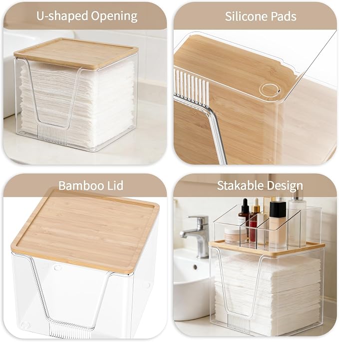 SPOSPO 2 in 1 Disposable Facial Towel Holder and Cosmetic Organizer | Clear Storage with Bamboo Lid Compatible with Clean Skin Club Towel XL, Vanity Organizer for Bathroom Vanity Counter (2 Pack)