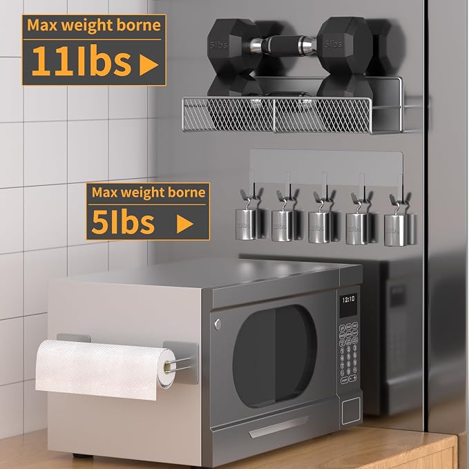 Magnetic Spice Rack for Refrigerator, 10 Pack 100% Metal Strong Magnet Shelf, Moveable Spice Organizer W/ Adjustable Paper Towel Holder, Hook Rack & Utensil Caddy, Home Kitchen Laundry Storage, Grey