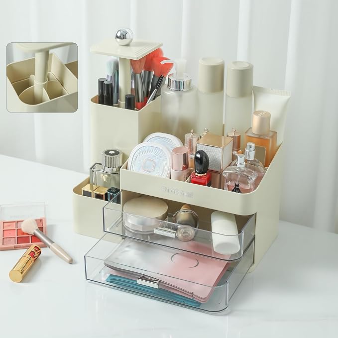 Large Makeup Organizer Countertop with Drawers, Make Up Organizer for Vanity, Makeup Storage Organizer Countertop Makeup Organizers for Skincare (Style2-Cream)