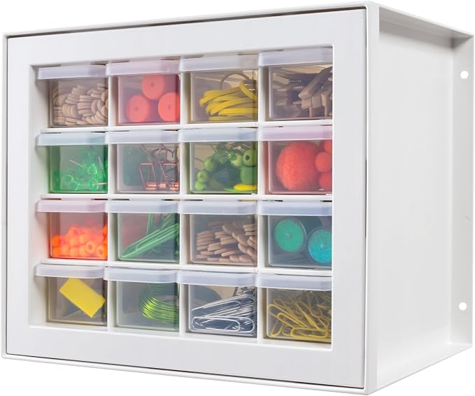IRIS USA 16-Drawer Small Drawer Organizer, Craft Desk Storage, White | Wall mountable, Stackable Teacher Toolbox, Beads, Building Bricks, Water Packets, Screws, Hardware