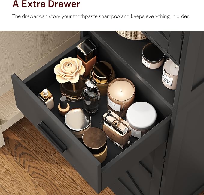 Tall Bathroom Storage Cabinet with Barn Doors, Narrow Bathroom Cabinet with Drawer, Narrow Storage Unit, Adjustable Shelves, Floor Cabinets for Living Room, Entryway, Kitchen, Black