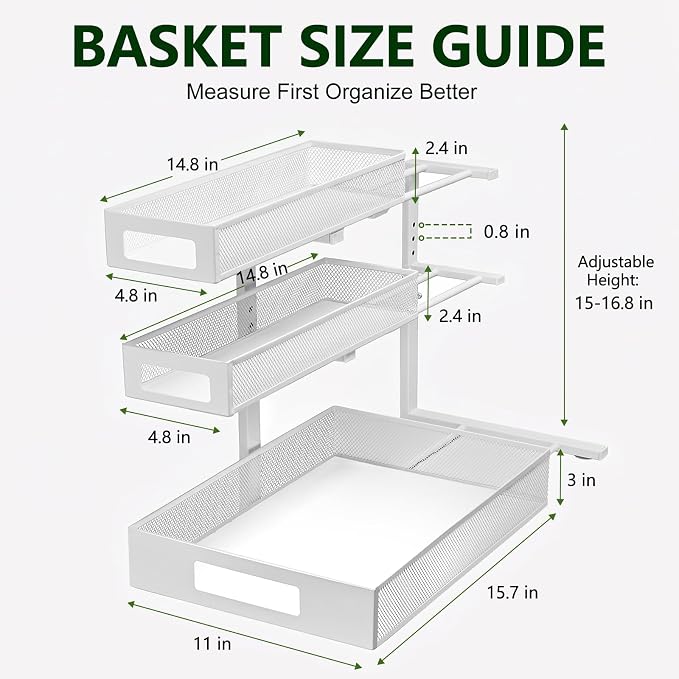 3 Tier Under Sink Organizer,1 Pack Pull Out Cabinet Shelves with Adjustable Height,Heavy Duty Carbon Steel L-Shaped Storage for Kitchen Bathroom Sink,Pantry & Laundry,White